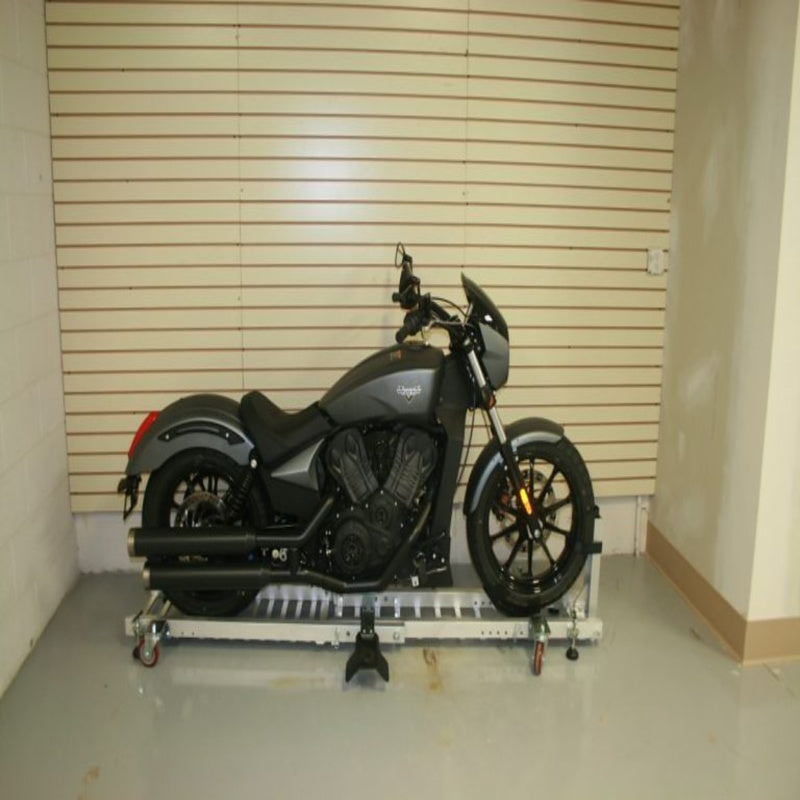 Condor Motorcycle Garage Dolly storing Motorcycle in tight space
