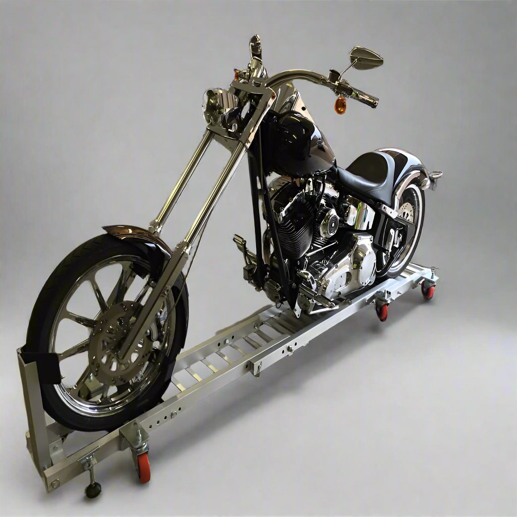 Condor Motorcycle Garage Dolly Extension with custom motorcycle mounted.