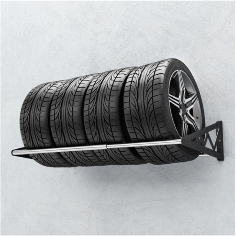 Four tires on Saferacks Tire Rack mounted on wall